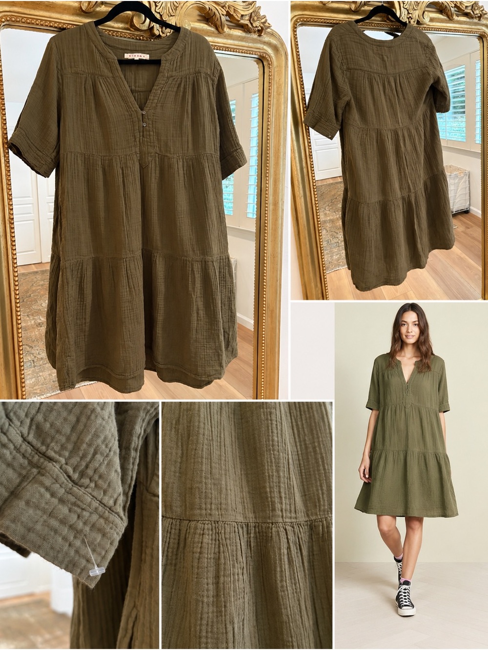 XiRENA Olive Green Gauze Tiered V-Neck Tunic Dress